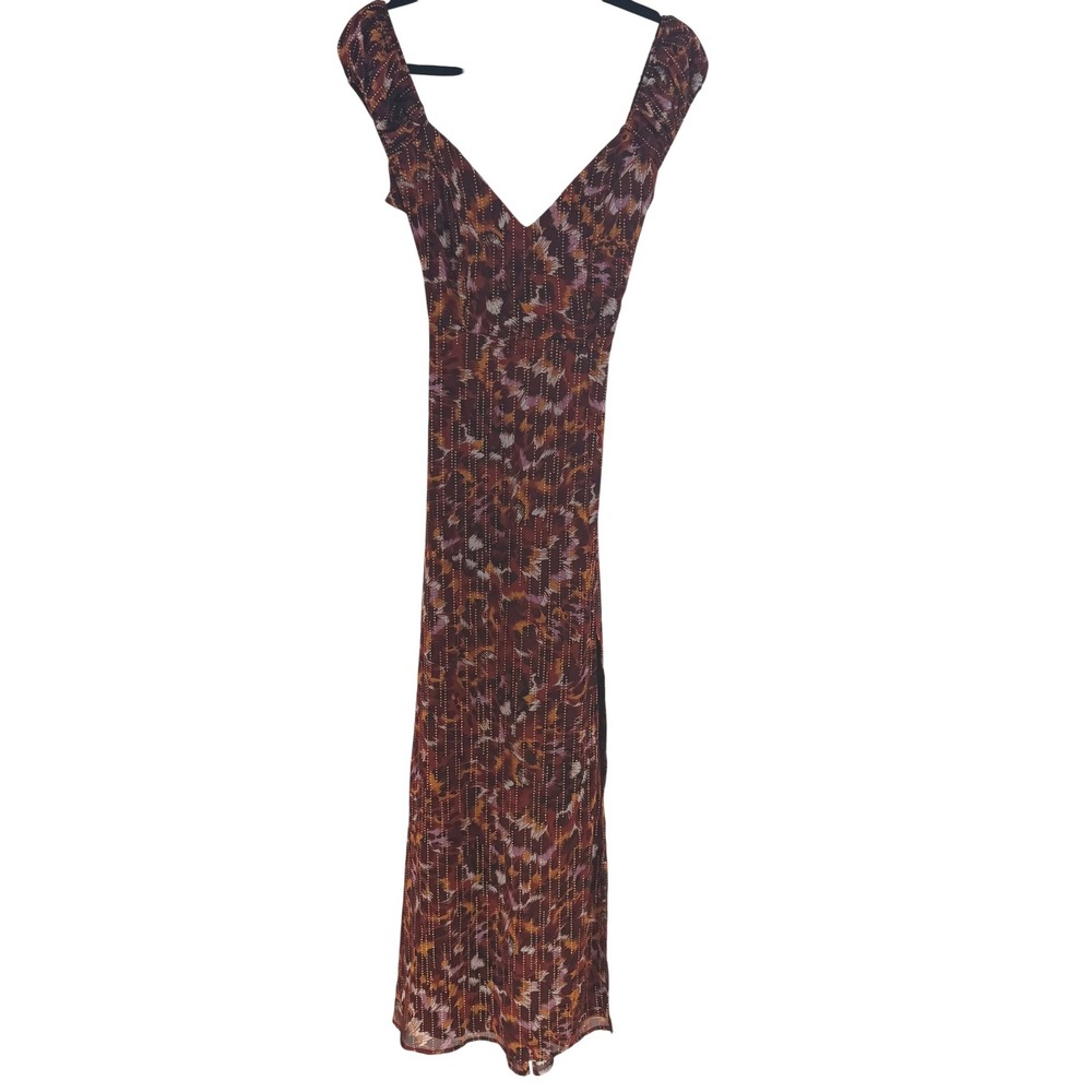 Katia Rae Maxi Dress Women Small Burgundy Metallic Slit Boho Wedding Babydoll